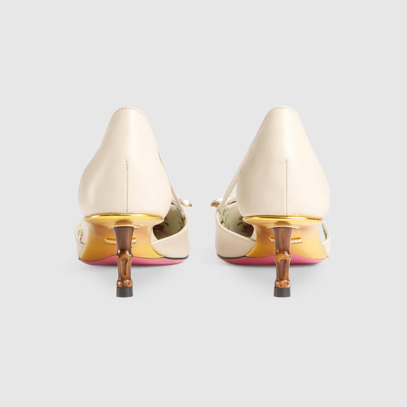 493934 GUCCI 飛蛾裝飾 竹節鞋跟 Gucci尖頭高跟鞋 復古白色