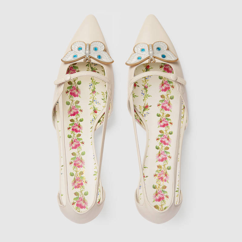 493934 GUCCI 飛蛾裝飾 竹節鞋跟 Gucci尖頭高跟鞋 復古白色