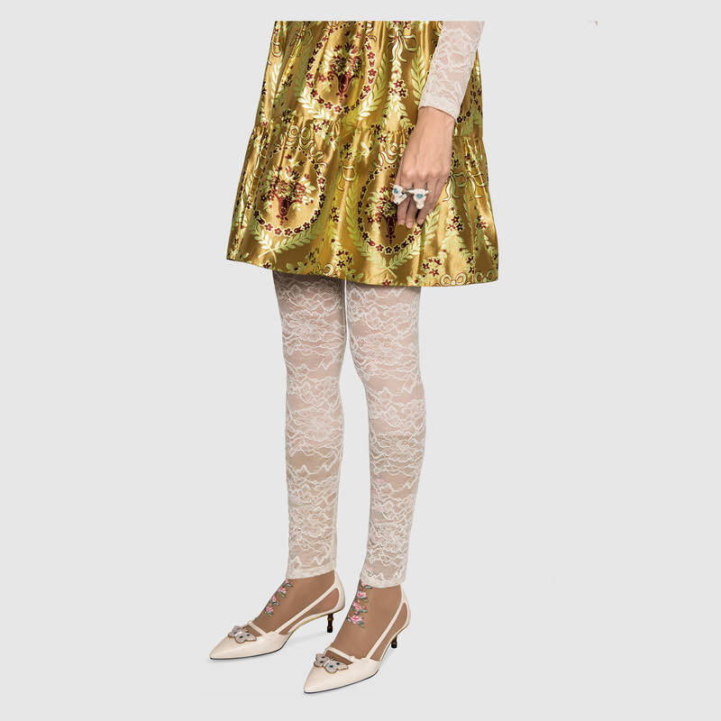 493934 GUCCI 飛蛾裝飾 竹節鞋跟 Gucci尖頭高跟鞋 復古白色