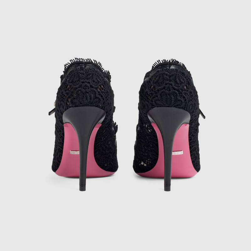 488328 GUCCI 2017款 透明花卉蕾絲 水晶帶扣 尖頭高跟鞋 黑色