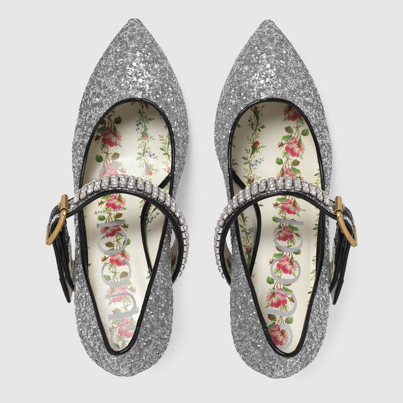 494234 GUCCI 水晶閃亮鞋帶 尖頭高跟鞋 銀色