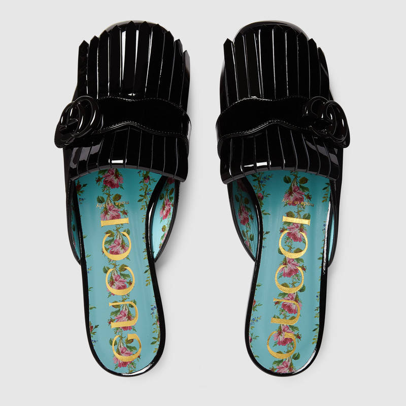 475826 GG Marmont 系列 雙G 漆皮拖鞋 黑色