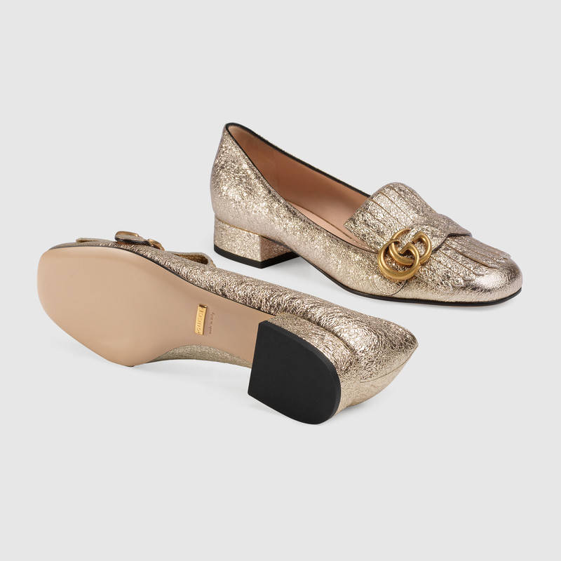 453480 GUCCI GG Marmont 系列 金屬質(zhì)感 真皮低跟鞋 鉑色