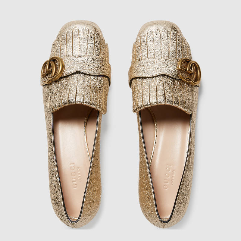 453480 GUCCI GG Marmont 系列 金屬質(zhì)感 真皮低跟鞋 鉑色