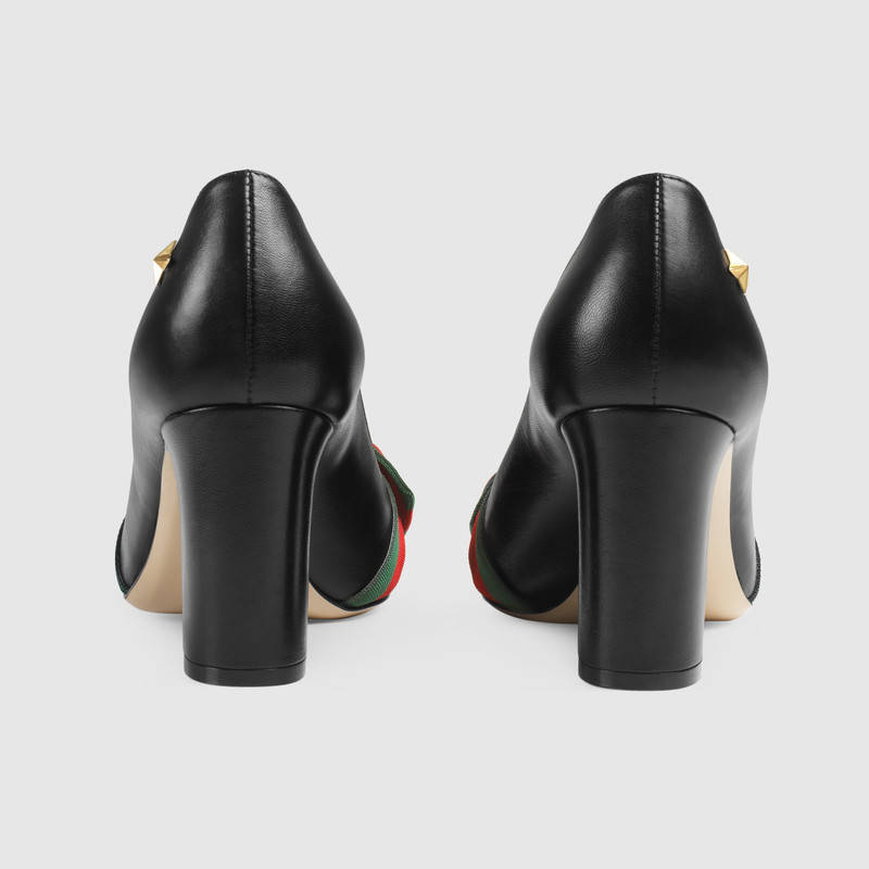 432044 GUCCI 鉚釘 羅緞織帶 皮革 尖頭淺口鞋 黑色