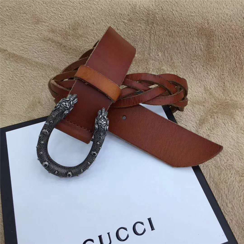 GUCCI 古馳 2017暢銷 復古老虎頭扣 編織細節(jié) 女士腰帶 棕色