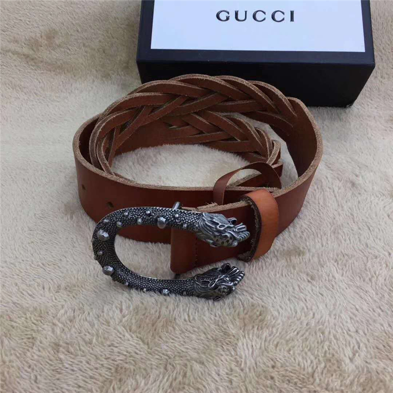 GUCCI 古馳 2017暢銷 復古老虎頭扣 編織細節(jié) 女士腰帶 棕色