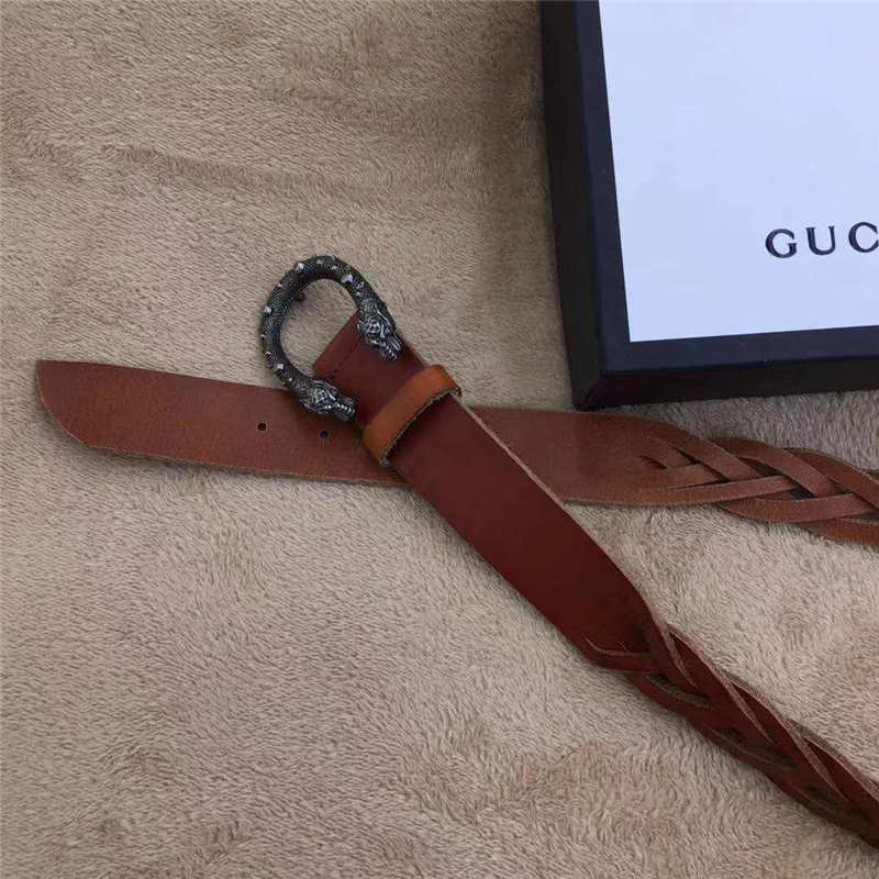 GUCCI 古馳 2017暢銷 復古老虎頭扣 編織細節(jié) 女士腰帶 棕色