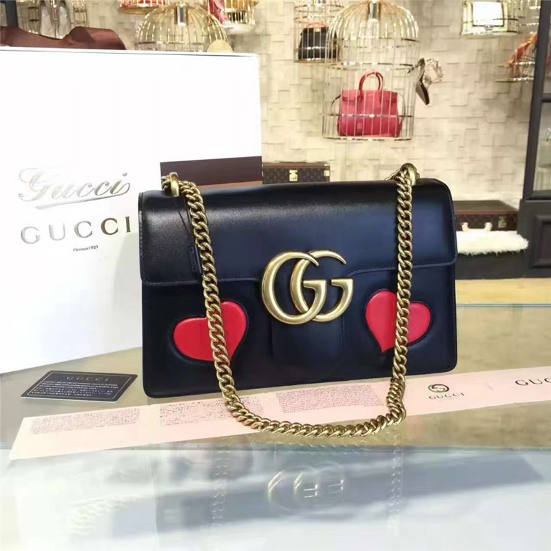 A431777 Gucci 進口頭層皮 復古雙桃心 鏈條單肩包 黑色