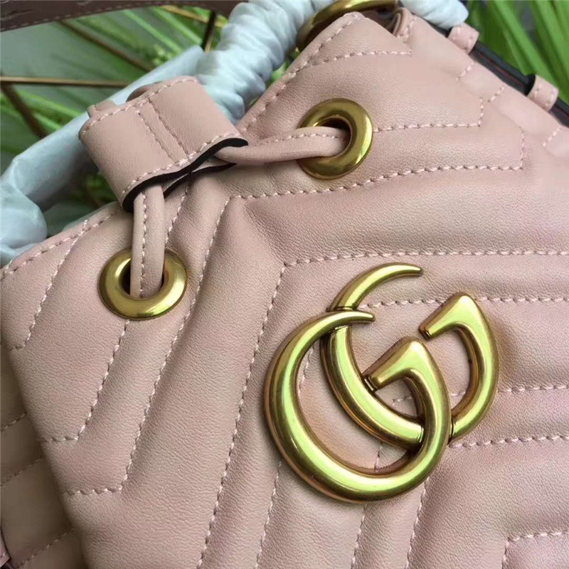476674 GG Marmont絎縫真皮水桶包 Gucci水桶包 Gucci女包 淺粉色