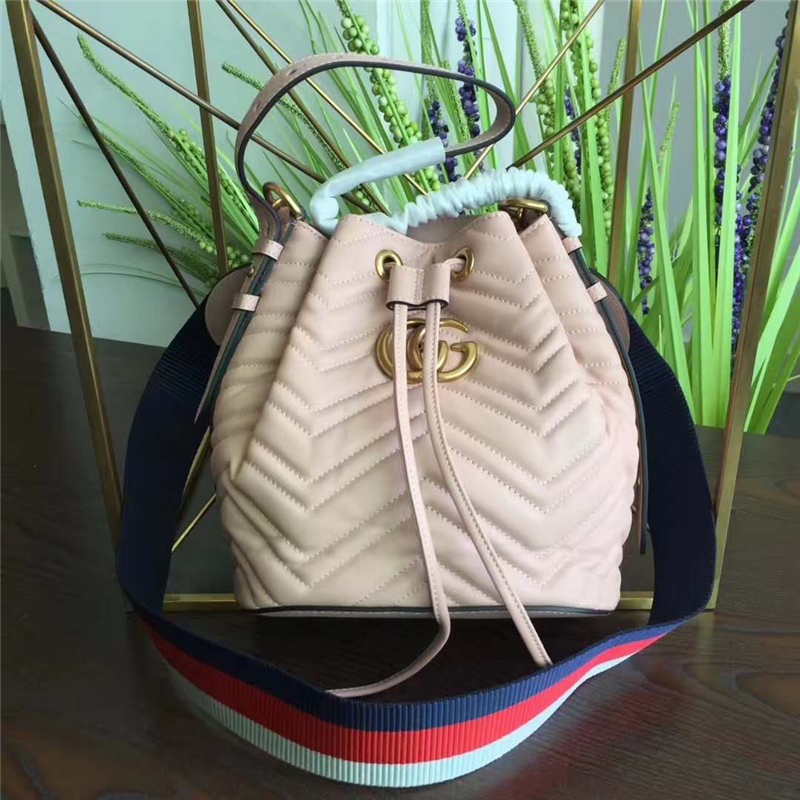 476674 GG Marmont絎縫真皮水桶包 Gucci水桶包 Gucci女包 淺粉色