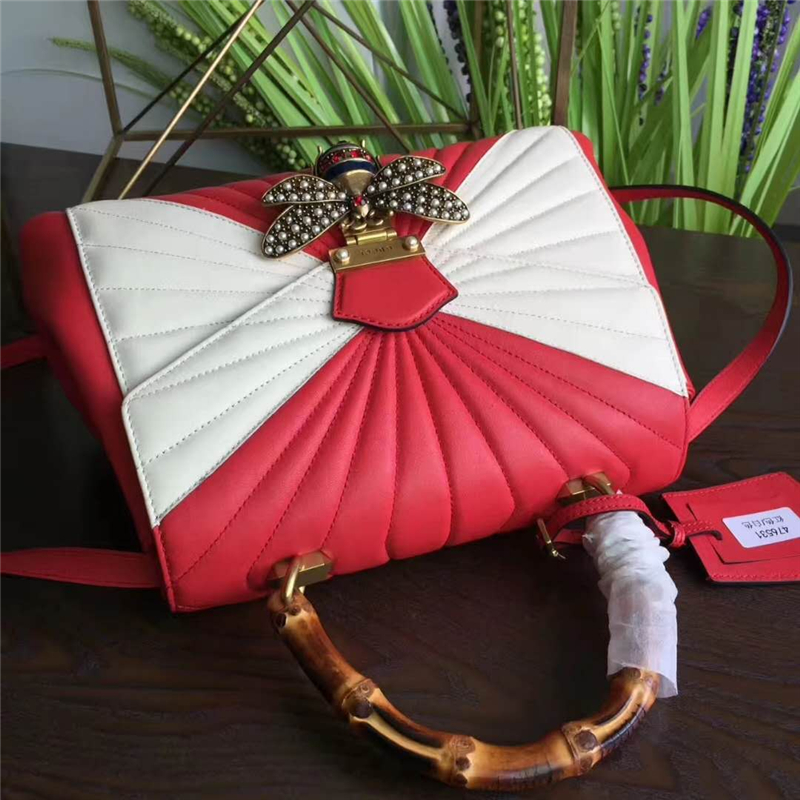 476531 GUCCI Queen Margaret 系列 絎縫皮革 手提包 紅白橫款