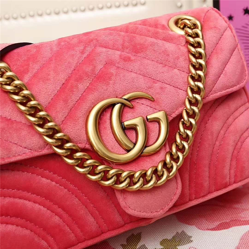 446744 GUCCI GG Marmont系列 波浪紋天鵝絨刺繡 鏈帶肩背包 西瓜紅