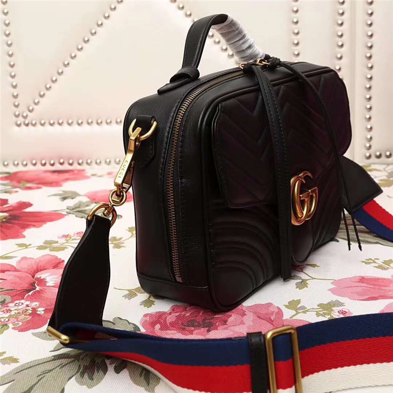 498100 新款 GG Marmont系列 絎縫波浪紋 織帶 手提斜跨包 黑色