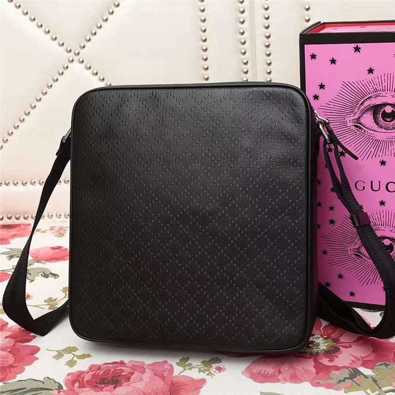 201448 Gucci 新款 菱形格紋 奢華真皮男包 單肩斜挎包 黑色