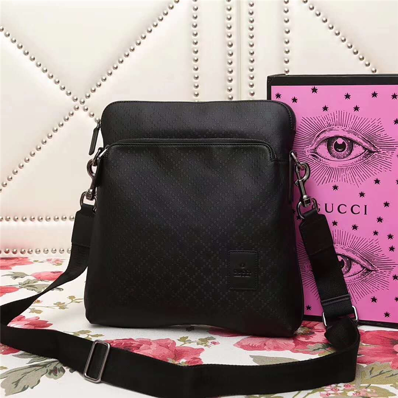 201448 Gucci 新款 菱形格紋 真皮休閑商務(wù)男包 單肩斜挎包 黑色