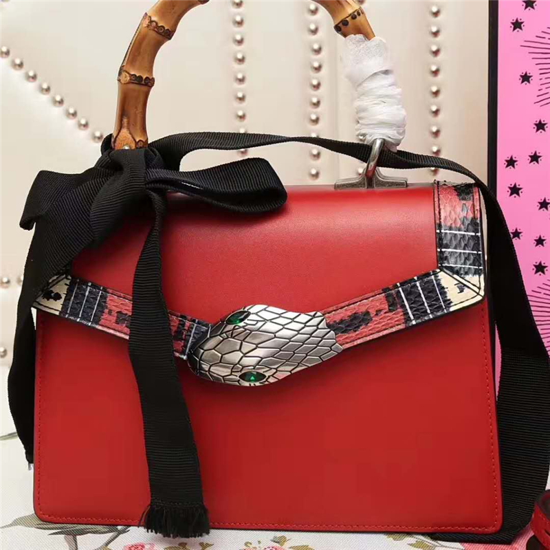 453751 Lilith 2017款 綠寶石蛇頭 竹節(jié)提手 蝴蝶結(jié) 單肩斜跨包 紅色