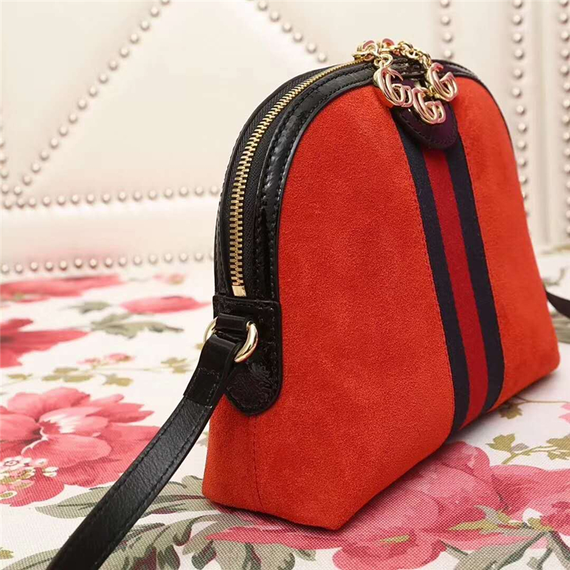 499621 GUCCI GG雙拉鏈 拼皮絨面 織帶 貝殼包 紅色