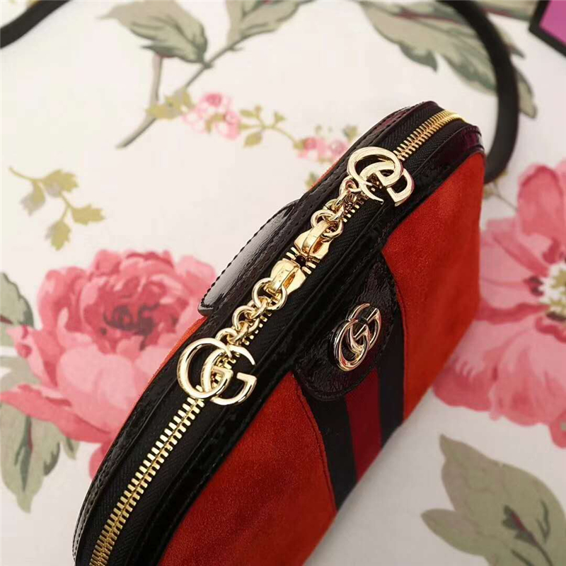 499621 GUCCI GG雙拉鏈 拼皮絨面 織帶 貝殼包 紅色