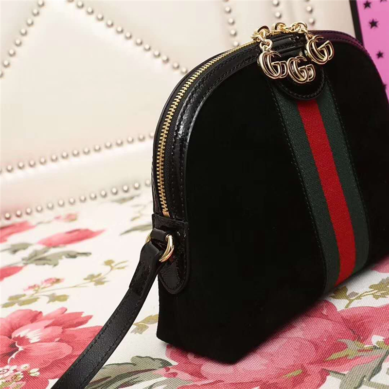 499621 GUCCI GG雙拉鏈 拼皮絨面 織帶 貝殼包 黑色