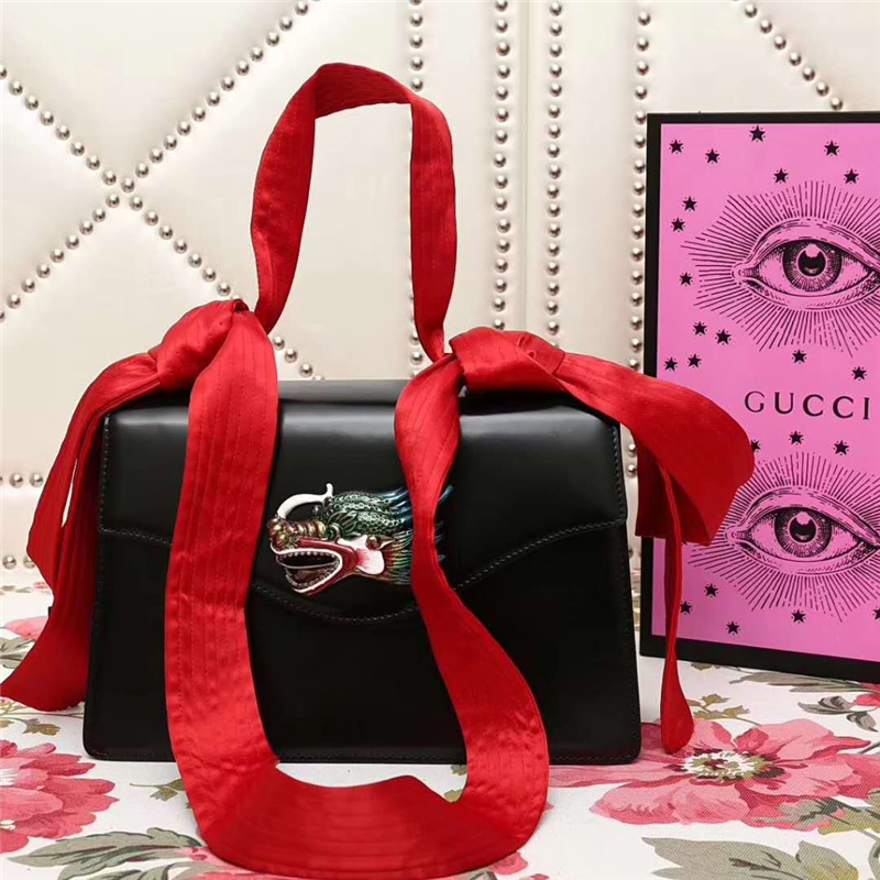 466405 GUCCI 龍頭 真皮 綢緞提手 雙蝴蝶結 斜跨手提包 黑色