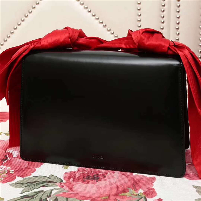 466405 GUCCI 龍頭 真皮 綢緞提手 雙蝴蝶結 斜跨手提包 黑色