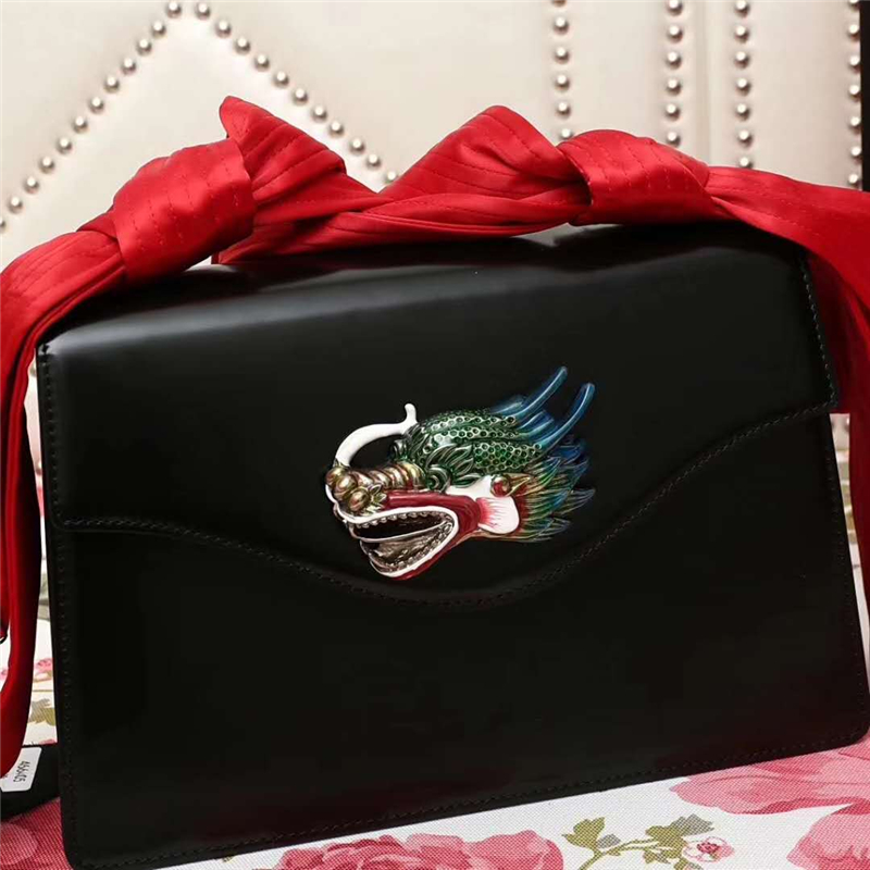 466405 GUCCI 龍頭 真皮 綢緞提手 雙蝴蝶結 斜跨手提包 黑色