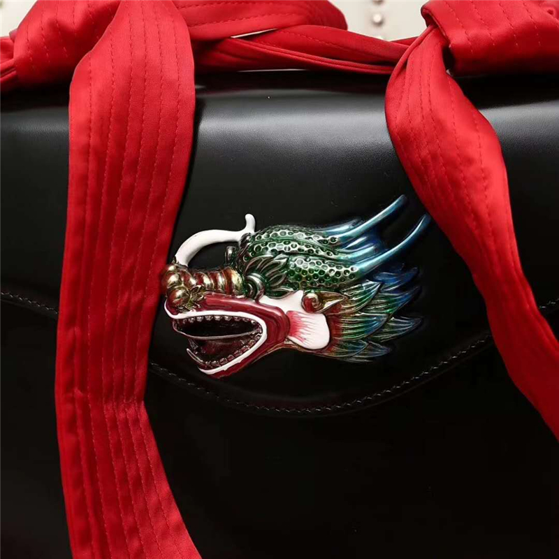 466405 GUCCI 龍頭 真皮 綢緞提手 雙蝴蝶結 斜跨手提包 黑色