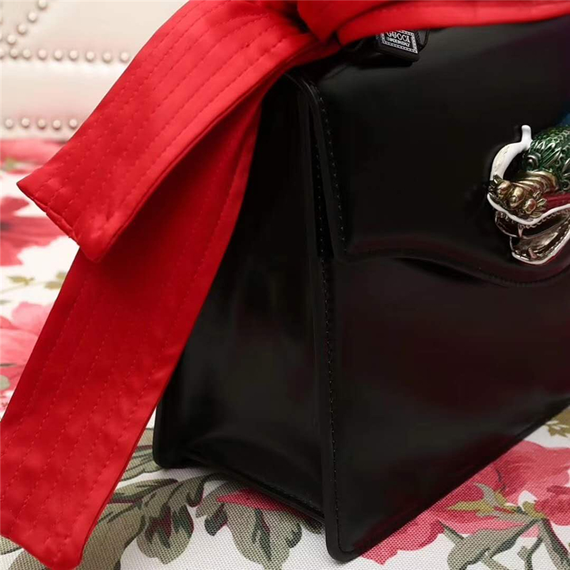 466405 GUCCI 龍頭 真皮 綢緞提手 雙蝴蝶結 斜跨手提包 黑色