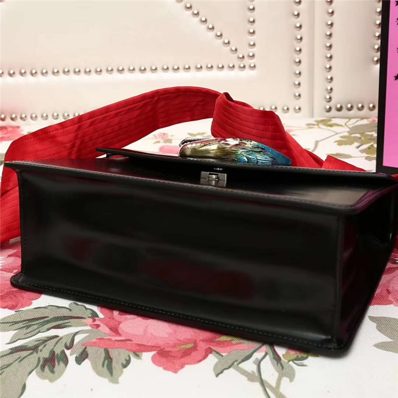 466405 GUCCI 龍頭 真皮 綢緞提手 雙蝴蝶結 斜跨手提包 黑色