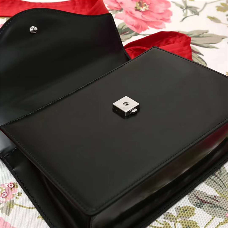 466405 GUCCI 龍頭 真皮 綢緞提手 雙蝴蝶結 斜跨手提包 黑色