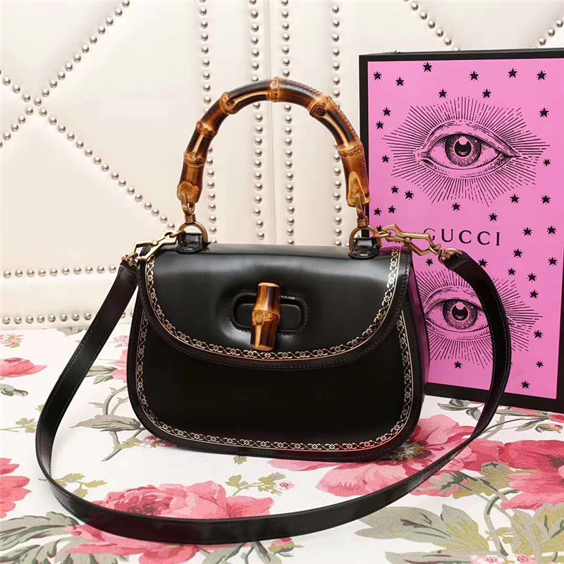 488800 GUCCI 翻蓋圓邊 花邊裝飾 竹節手柄 手提肩包 黑色
