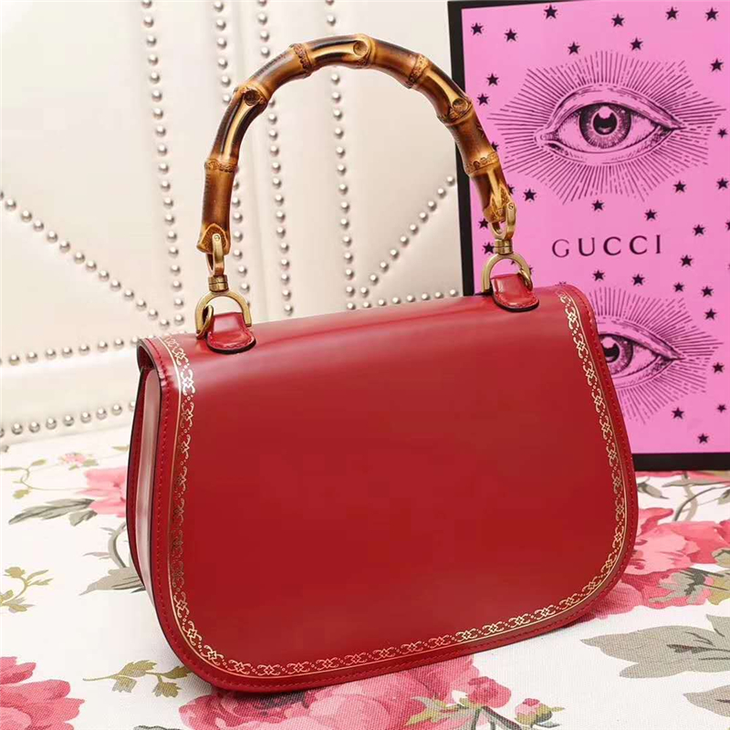 488800 GUCCI 翻蓋圓邊 花邊裝飾 竹節手柄 手提肩包 紅色