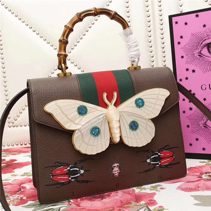 488691 Gucci 2017秋冬走秀款 竹節提手 蝴蝶配飾 手提單肩包 啡色