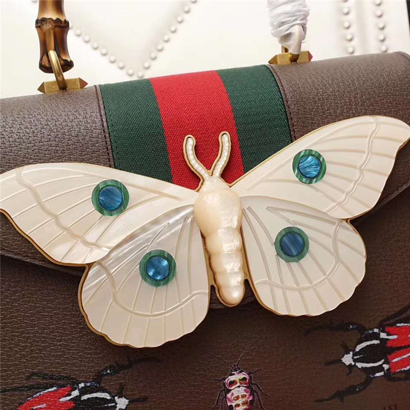 488691 Gucci 2017秋冬走秀款 竹節提手 蝴蝶配飾 手提單肩包 啡色