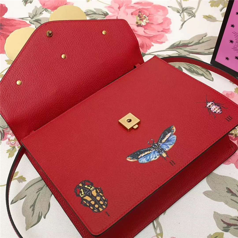 488691 Gucci 2017秋冬走秀款 竹節(jié)提手 蝴蝶配飾 手提單肩包 紅色