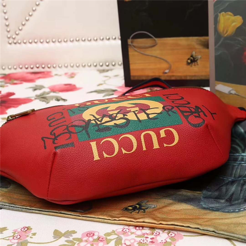 493869 GUCCI 新款大貨 進口牛皮 彩印涂鴉 休閑腰包 紅色