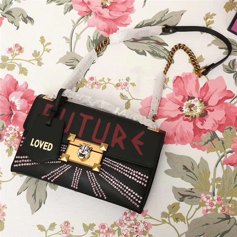 477330 GUCCI 秋冬最新 虎頭 FUTURE字母印花 鏈條單肩包 黑色