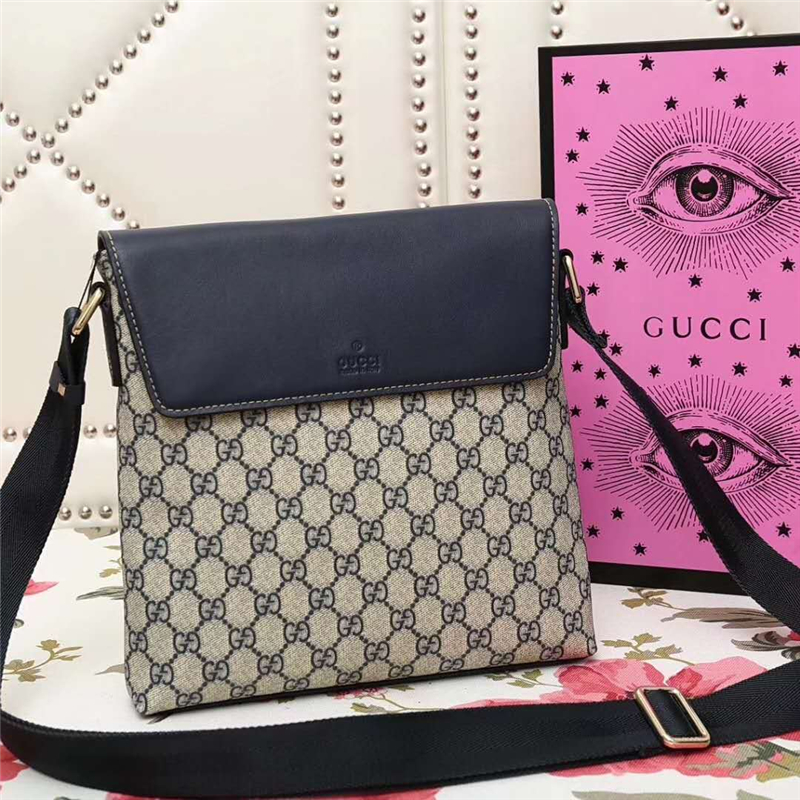 353431 GUCCI 雙G印花 真皮拼布翻蓋 女款 單肩斜跨包 灰白色