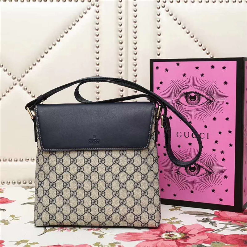 353431 GUCCI 雙G印花 真皮拼布翻蓋 女款 單肩斜跨包 灰白色