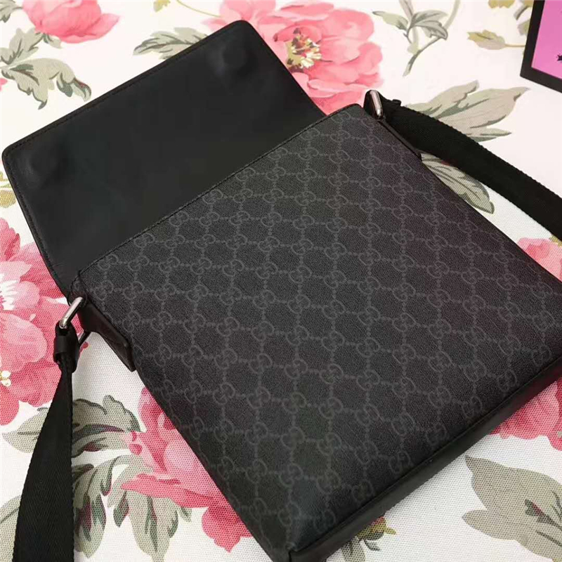353431 GUCCI 雙G印花 真皮拼布翻蓋 女款 單肩斜跨包 黑色