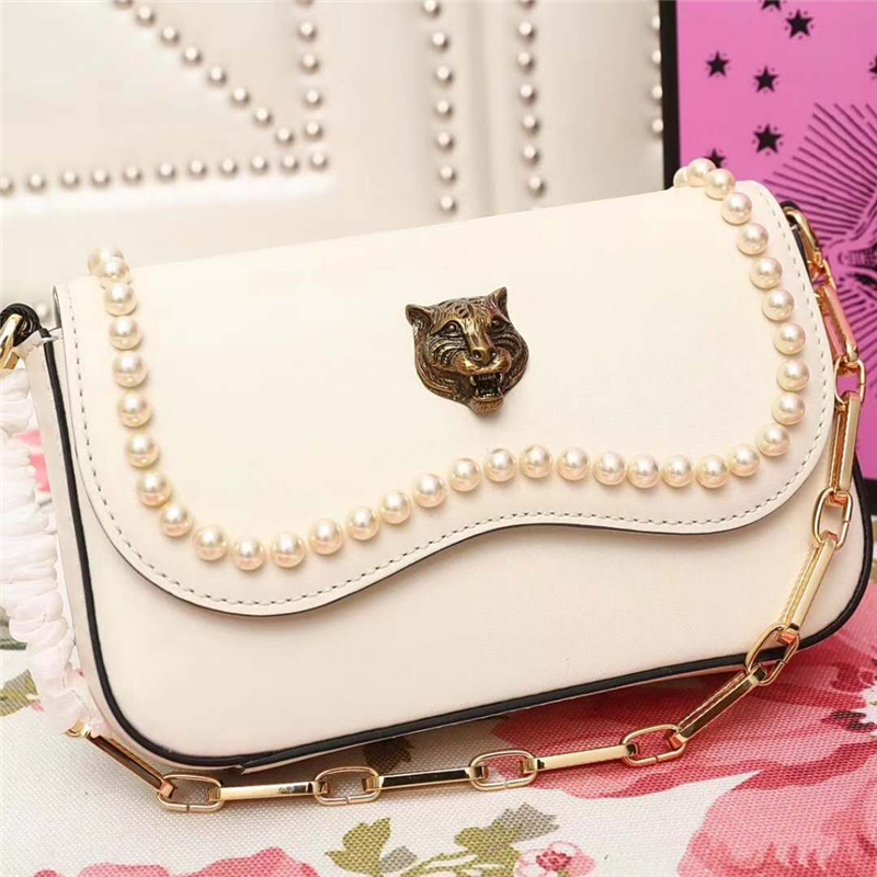 476804 Gucci 秋冬新款 全皮 虎頭 珍珠 鏈條手拎單肩包 白色