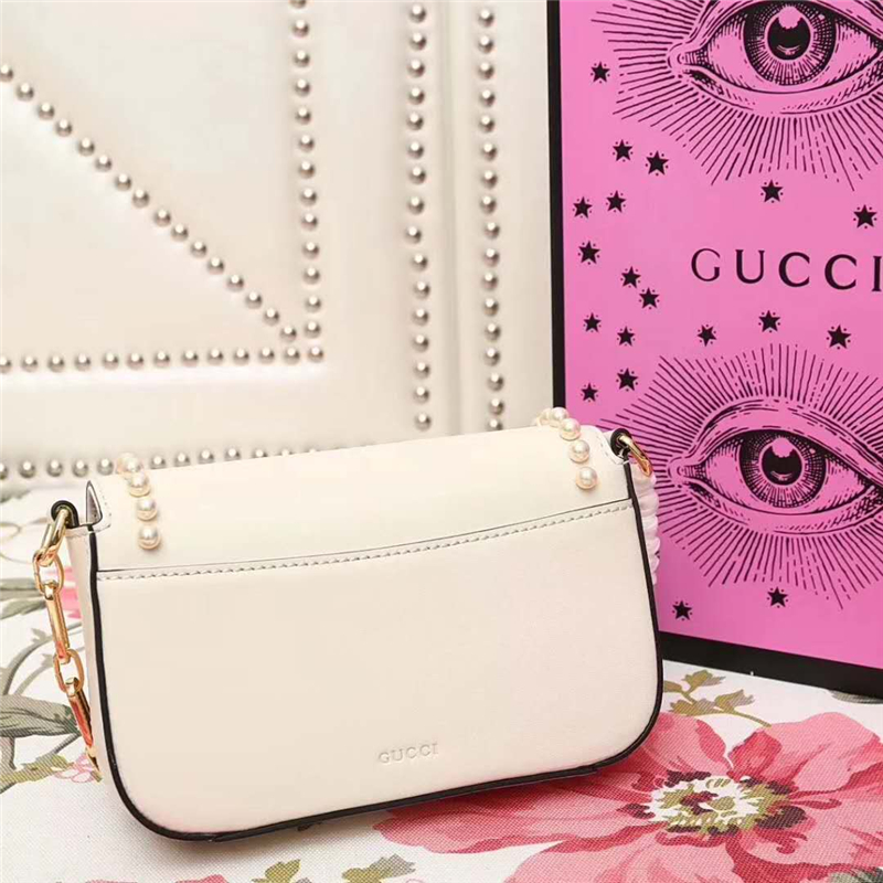 476804 Gucci 秋冬新款 全皮 虎頭 珍珠 鏈條手拎單肩包 白色