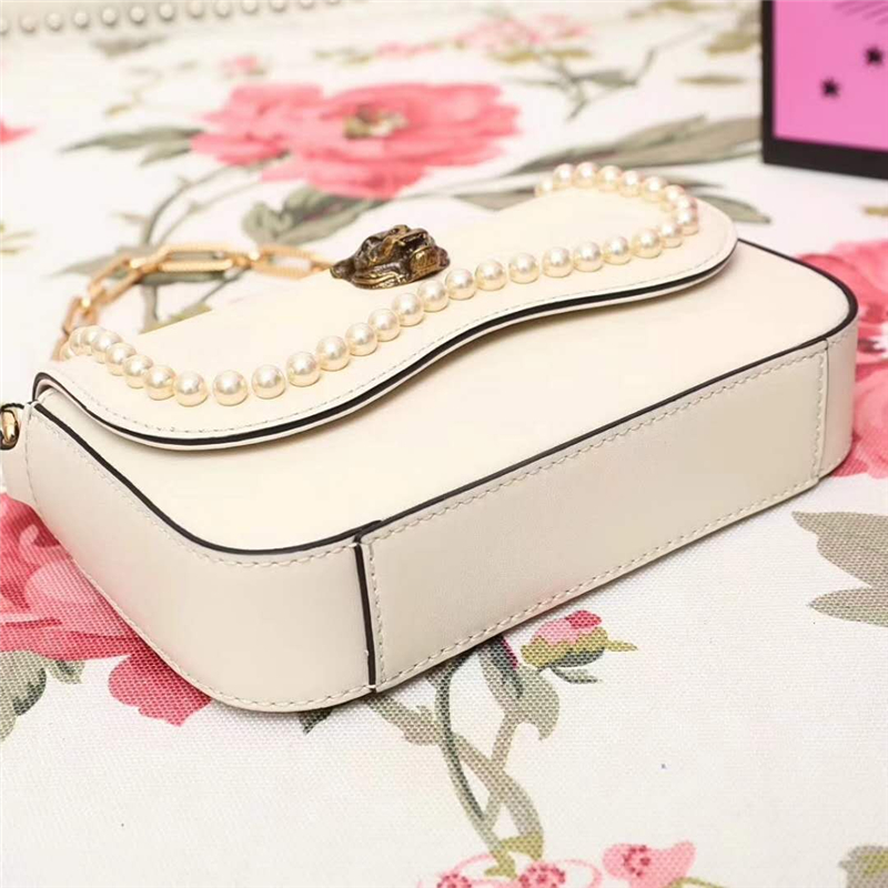 476804 Gucci 秋冬新款 全皮 虎頭 珍珠 鏈條手拎單肩包 白色