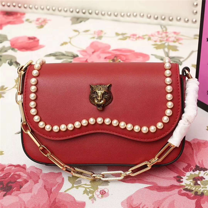 476804 Gucci 秋冬新款 全皮 虎頭 珍珠 鏈條手拎單肩包 紅色