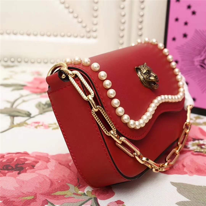 476804 Gucci 秋冬新款 全皮 虎頭 珍珠 鏈條手拎單肩包 紅色