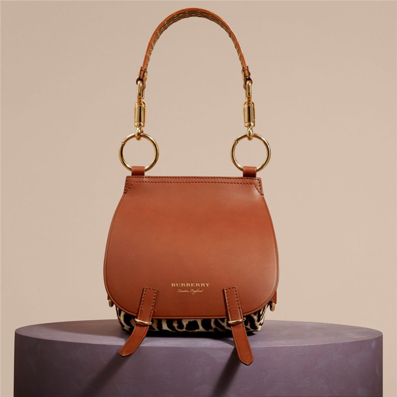 40457141 巴寶莉 The Bridle 豹紋小牛毛拼光滑馬勒皮 鉚釘肩帶 馬勒包 棕褐色