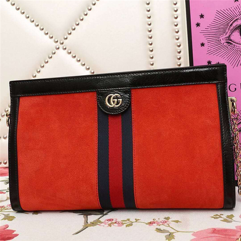 503877 Gucci Ophidia系列 麂皮 雙G 嵌花條紋織帶 鏈條肩背包 紅色