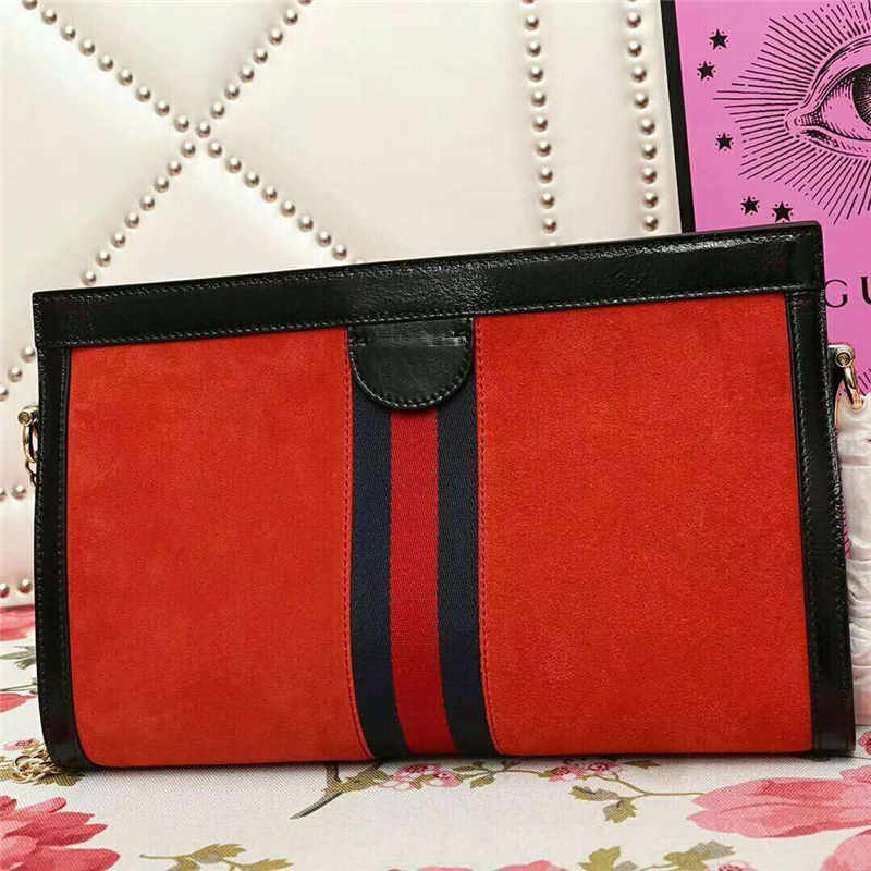503877 Gucci Ophidia系列 麂皮 雙G 嵌花條紋織帶 鏈條肩背包 紅色