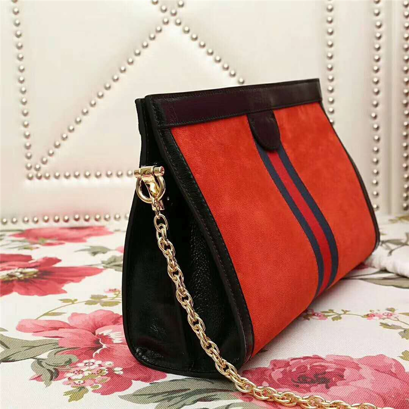 503877 Gucci Ophidia系列 麂皮 雙G 嵌花條紋織帶 鏈條肩背包 紅色